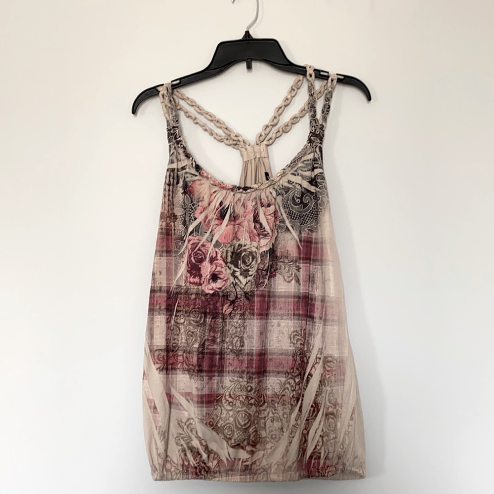 Beige/cream Colored Tank with Vintage Style Flowers and Braided Straps
